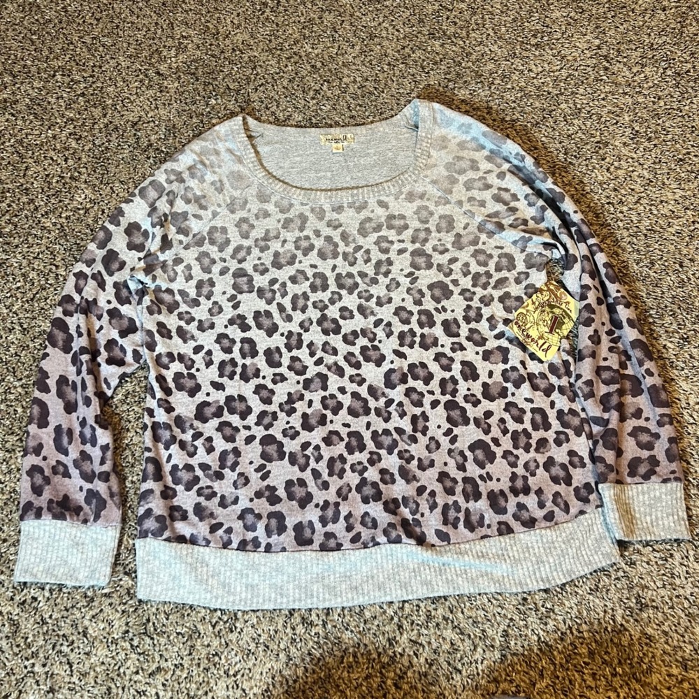 One World Leopard Ombre Pullover Sweatshirt Womens Size L Grey Black Long Sleeve